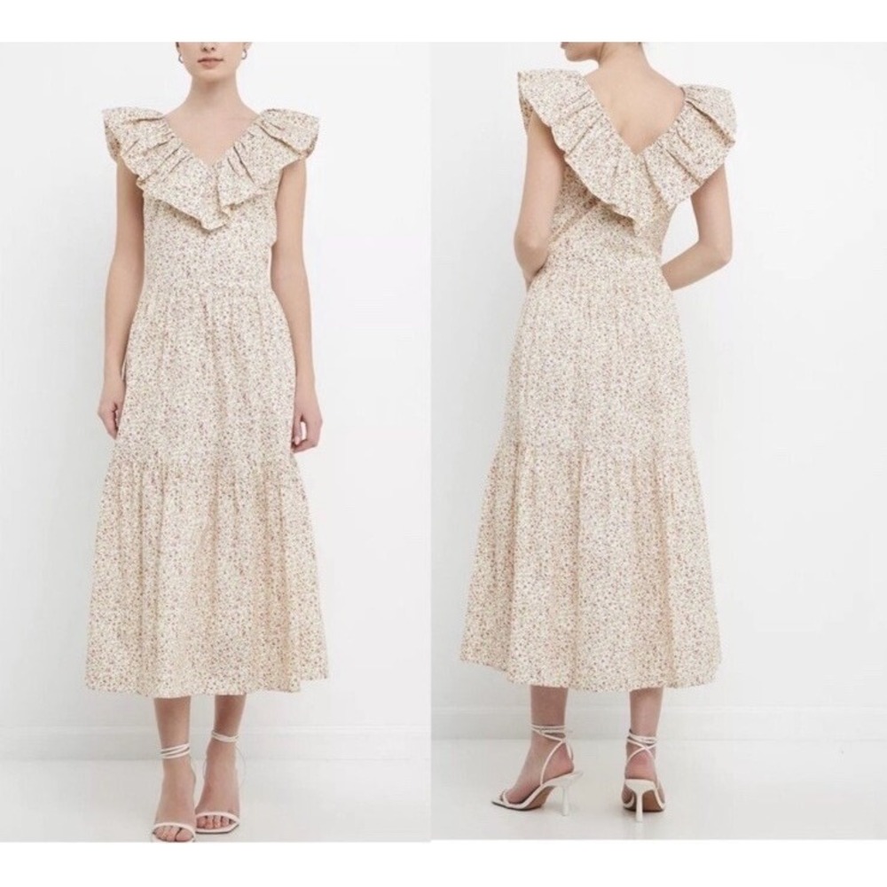 Anthropologie English Factory Floral Ruffle Midi Dress | Cream 2X Cotton Cottage